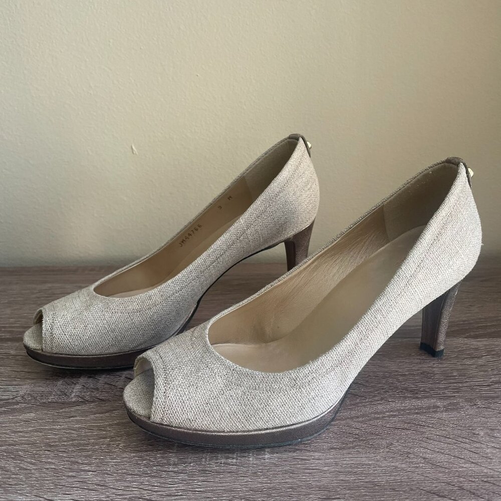 Stuart Weitzman Women’s Platform Heels Size 9 9M Beige Burlap Peep Toe Linen Tan